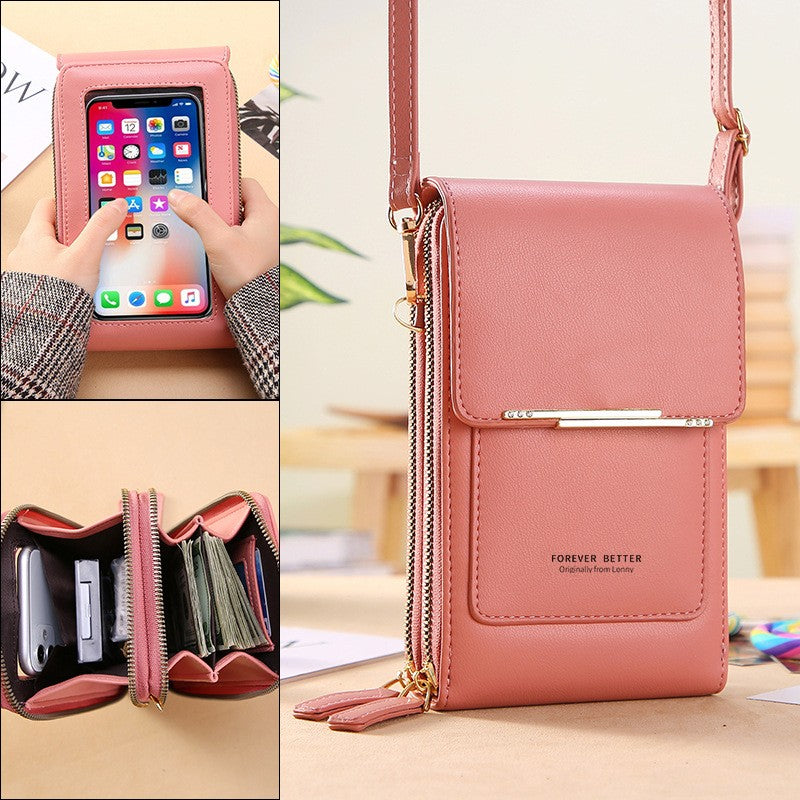Bolsa de couro feminina com carteira e suporte pra celular