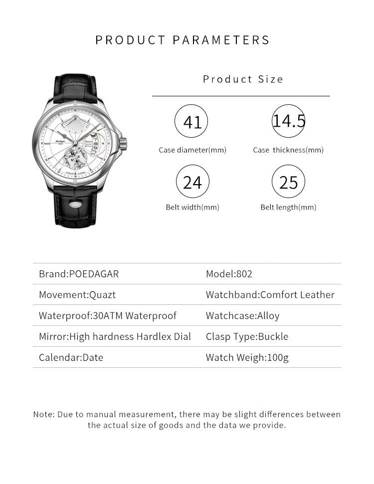 Relógio de pulso Premium POEDAGAR, quartzo, pulseira de couro Masculino